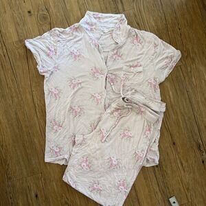 shabby chic pajama set Pink Floral Women's Size L Pants Top Lightweight Used